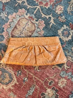 Leather Merkin Louise Tan Crocodile Pleated Clutch Bag
